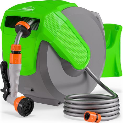 Gardebruk – Enrouleur tuyau d'arrosage automatique 20m – Support mural pivotant 180° – Frein ajustable – Raccord rapide 1,2'' – Buse multi-jet 7 fonctions (1/5)