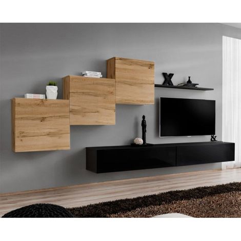 Meuble TV Mural Design "Switch X" 330cm Naturel & Noir (1/4)