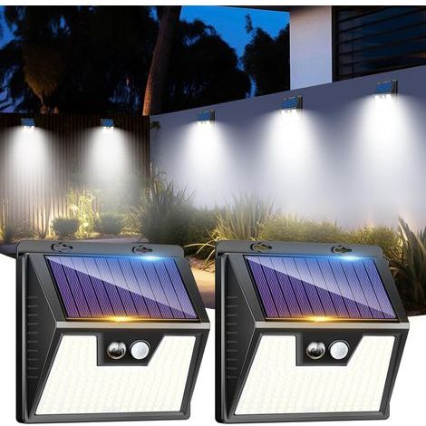 Lot de 2 lampes solaires d'extérieur avec détecteur de mouvement, 176 LED ultra-lumineuses, étanches IP65, 3 modes d'éclairage, blanc froid [Classe énergétique E], pour jardin, garage, cour, extérieur (1/5)