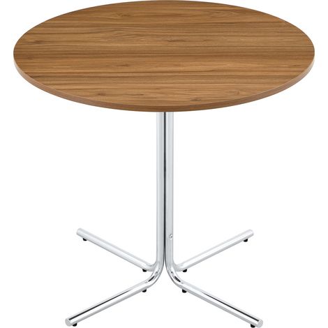 Mesa auxiliar redonda moderna de MDF efecto nogal con estructura metálica cromada de 3 patas (1/5)