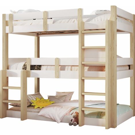 Lit superposé triple 90x190cm avec escalier en bois, lit enfant structure gain de place pour chambre familiale, blanc et naturel (1/5)