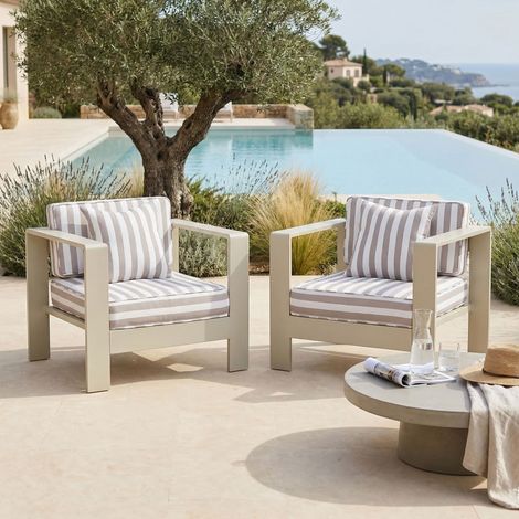 Lot de fauteuils de jardin en alu crème et housse à rayures beiges (1/5)