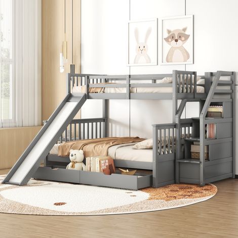 Letto a castello con cassetti, contenitore e scivolo, multifunzionale, grigio, larghezza 90 x 200 (1/5)