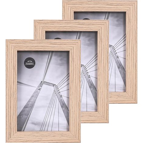 Lot de 3 cadres photo, 10 x 15 cm, en bois naturel, cadres MDF 4X6 pouces et verre acrylique incassable, pour mur et table (1/5)
