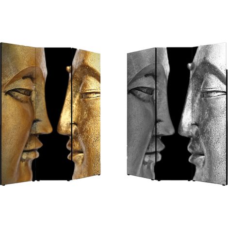 Lupia - Separe' Divisorio Paravento BUDDHA'S PROFILES 176x135,6x3,2 cm 3 Ante in Legno con Tela stampata Fronte Retro bifacciale (1/4)
