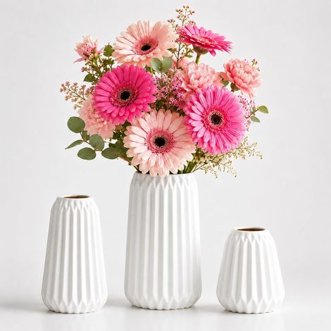 Set de 3 Vases Décoratifs en Céramique Blanche - Grand et Petit Vase, Vase Fleur, Pampa - Parfait pour Décoration Maison et Salon (1/5)