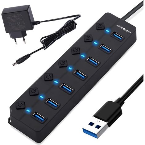 Séparateur USB 3.0 avec Adaptateur 5V/2A, Extension USB à 7 Ports avec Interrupteur Marche/arrêt Individuel, hub de données d'extension Portable (1/5)