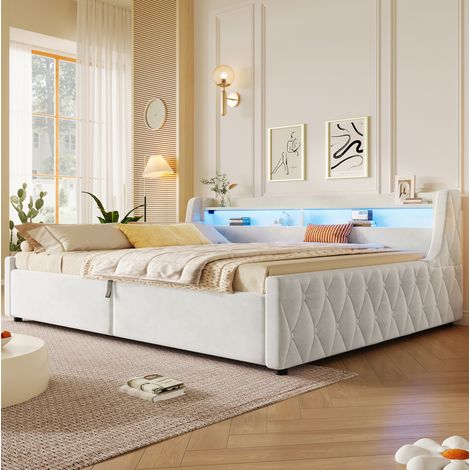 Letto imbottito 140x200 cm in velluto con contenitore idraulico e LED Beige OKWISH (1/5)