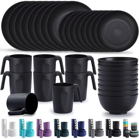 Assiettes Service de Table plastique 32 PCS Service pour 8, réutilisable Assiettes légères Tasses Bols Vaisselle facile à transporter et à nettoyer Cuire au micro-ondes BPA sans lave-vaisselle (1/5)