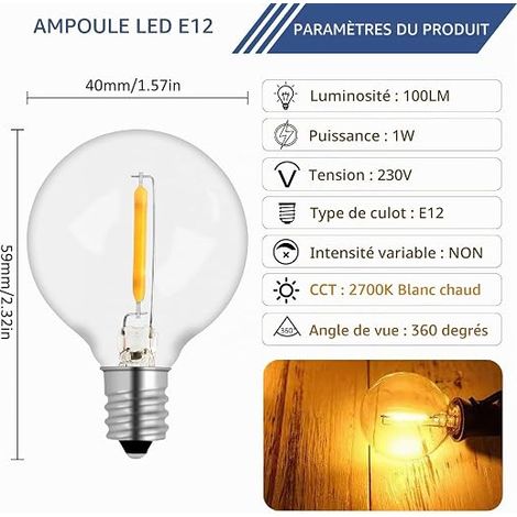 LED Bulbs E12 G40 1W Warm White 2700K AC220-240V 100LM IP54 Waterproof Globe Bulbs G40 for Decorative Garland (1/4)