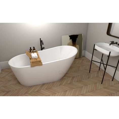 ECOLAM Baignoire autoportante en acrylique Elma 170x80cm + étagère en Bambou + siphon Click clack Baignoire îlot (1/5)