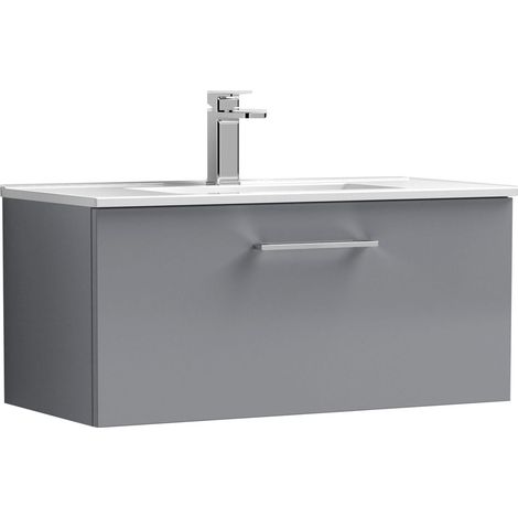 Balterley Modern Bathroom 1 Soft Close Drawer & Minimalist Wall Hung Vanity Unit Basin, Satin Grey, 435mm (1/4)