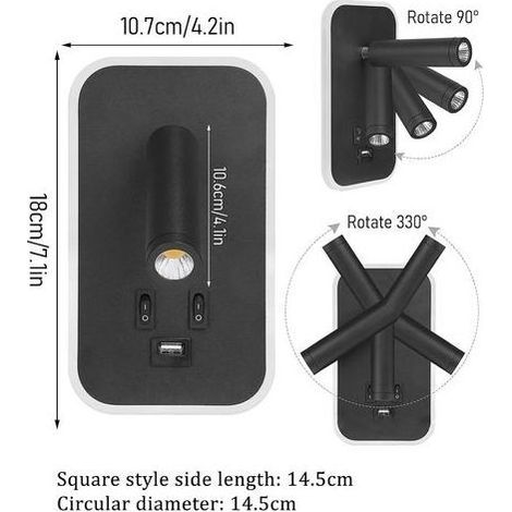LED Applique Murale avec Port de Charge USB Moderne Luminaire Mural avec Interrupteur Lampe de Chevet Lecture Rotative à 330° Eclairage Mural Salon Chambres Hotel (Rectangle Noir,Lumière Blanche) (1/5)