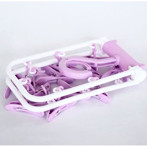 Séchoir à linge pliable en plastique, coupe-vent et antidérapant, avec 12 pinces, pour sous-vêtements et chaussettes, couleur violet nordique. (1/2)