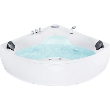 Beliani – Corner bath white acrylic 205 x 163 cm for 2 people – 12 hydro massage jets – Underwater LED lighting – Waterfall tap – 2 padded headrests (1/5)