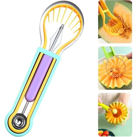 Set di cucchiai per polpette di melone, set di posate per frutta 4 in 1 in acciaio inossidabile, taglia frutta, taglia polpa, cucchiaio taglia anguria (viola) (1/5)