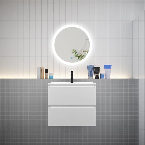 Ensemble meuble vasque L.60cm 2 tiroirs + lavabo + LED miroir rond 60cm,blanc,aica