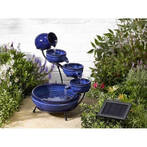 Fontaine solaire cascade Céramique bleu neptune hauteur 49cm