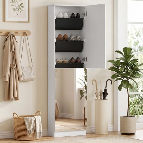 Meuble à chaussures avec miroir, commode étroite 5 niveaux à portes soft-close pour 12 paires, 50 x 20 x 180 cm, blanc (1/4)