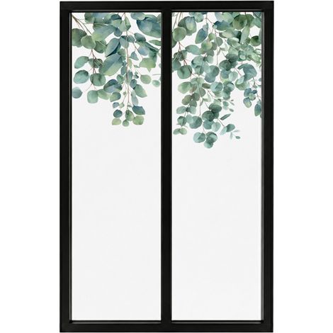 Verrière atelier intérieure aluminium noir 2 vitrages 69 x 117 cm - Décor végétal - Eucalyptus in Rain - vert et transparent - Verre trempé (1/5)