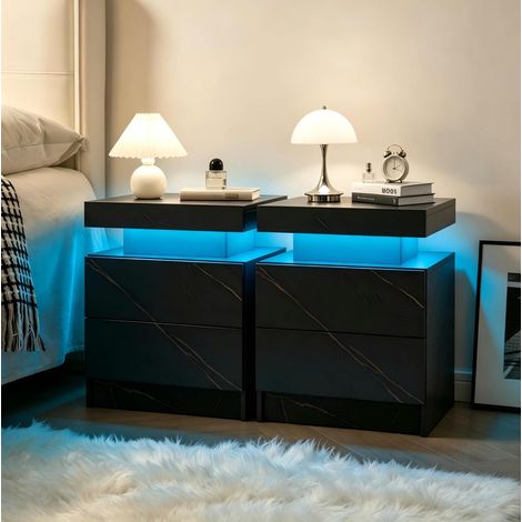 Lot de 2 tables de chevet LED noir/or avec 2 tiroirs et niche ouverte, style moderne pour chambre et salon (1/5)