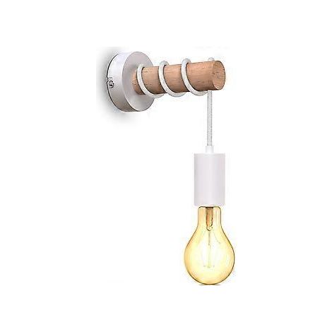 Wandleuchte im industriellen Retro-Design, Holz & Metall, Wohn- & Schlafzimmerbeleuchtung, E27-Fassung, für LED-Leuchtmittel bis max. 10 W, weiß