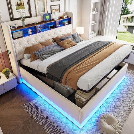 letto contenitore 180x200 LED USB beige elegante nuovo HAVRYA (1/5)