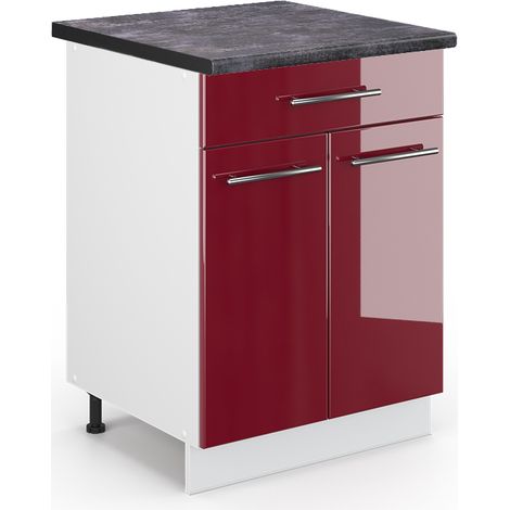 Mobiletto base per cucina Fame-Line, Rosso bordeaux lucido, 60 cm con cassetto, PL Antracite, Vicco