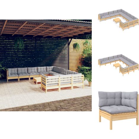 Gartenmöbel-Sets - Living 12-tlg. Garten-Lounge-Set mit Grauen Kissen Kiefernholz (1/5)