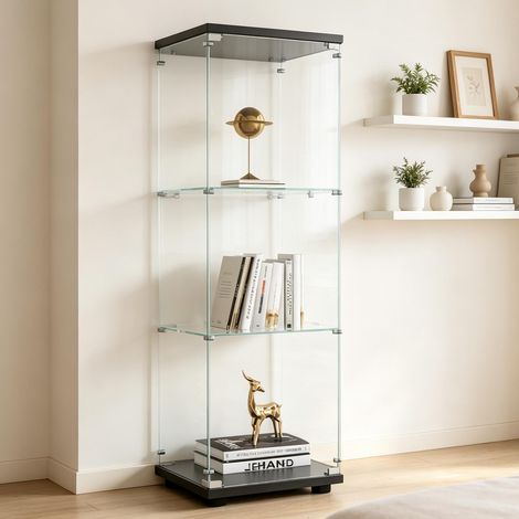 Vetrina in vetro nero – Un'anta, tre ripiani – Vetrina autoportante in vetro temperato – Design moderno – Adatta per soggiorno, camera da letto o ufficio – Montaggio rapido (1/4)