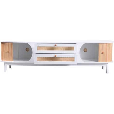 Mobile TV con 2 Ante e 2 Cassetti in Rattan, Stile Naturale, Soggiorno, 170×39,5×46 cm, in MDF, Bianco (1/5)