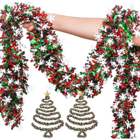 Lot de 5 Pièces de 2 Mètres Artificiel Guirlandes de Noël Verte et Rouge Guirlande Noel Sapin avec des Flocons de Neige Guirlande Tinsel Noël Décoration (1/5)