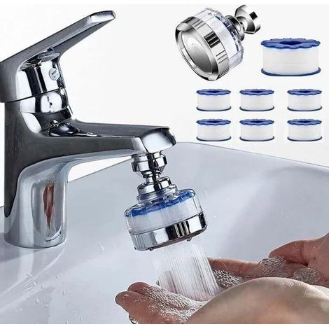 Leitungswasserreiniger, inklusive 6 PP-Baumwollfilterkartuschen, einem universellen Anti-Kalk-Wasserhahnfilter und einem rotierenden Sprühkopf.