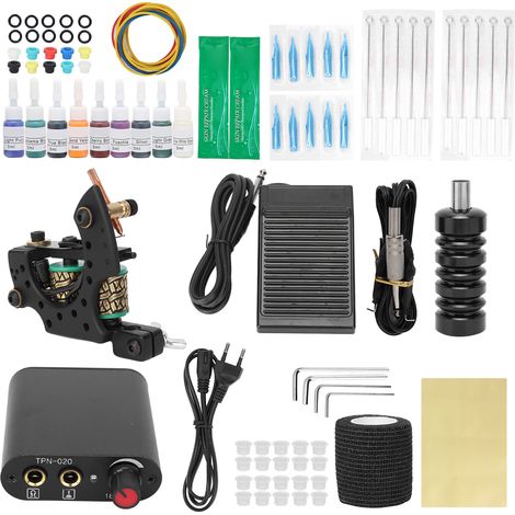 Coil Tattoo Machine Set Power Supply Tattoo Needle Pigment Cup Novice Practice Tattoo Kit (90‑265V)EU Plug (1/5)