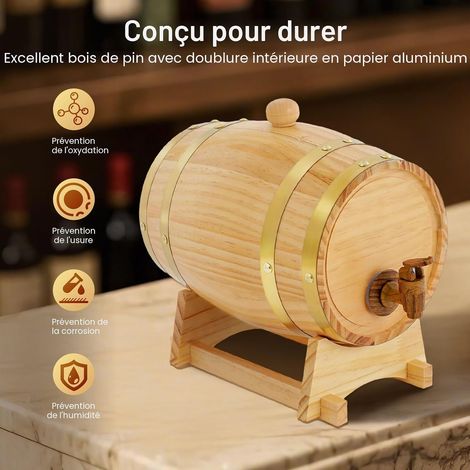Tonneau en bois de 3 litres avec support et robinet, tonneau de vin ovale en bois de pin, convient pour whisky, vin et liqueurs pour la maturation des spiritueux (1/5)
