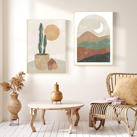 Póster abstracto bohemio sobre lienzo, pintura botánica sobre lienzo, arte mural minimalista natural para la decoración del hogar en la sala de estar, 50x70cmx2, sin marco (1/4)