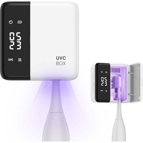 Stérilisateur et support pour brosses à dents UV – Nettoyeur portable pour brosses à dents électriques avec séchage à l'air chaud, rechargeable, affichage LED de l'heure et fixation murale adhésive. (1/5)