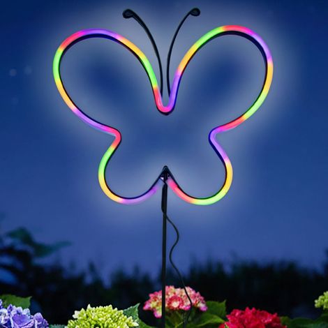 LED Gartenstecker Neon Schmetterling mit Timer wasserdicht - 85 x 27 cm – Beetstecker Leuchtfigur batteriebetrieben für Außen