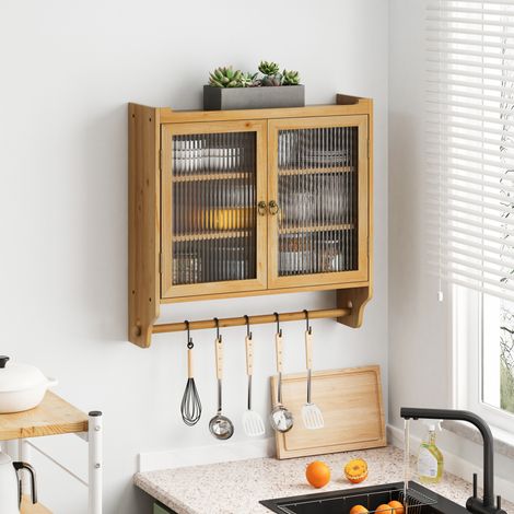 Armoire murale 63x18x60 cm naturelle en bois massif, MDF et verre avec 2 portes vitrées, 3 niveaux et porte-serviettes (1/5)
