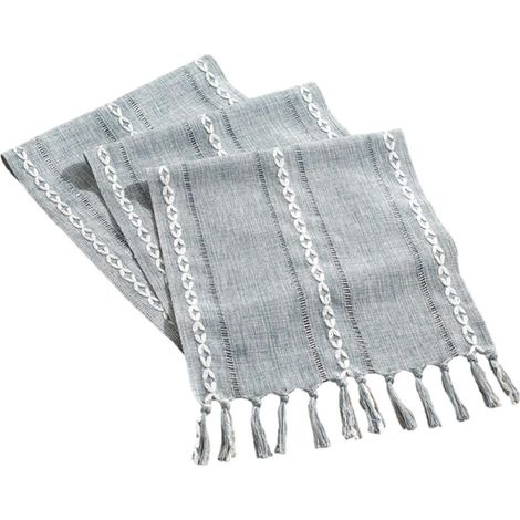 Chemin de table avec pompons, style champêtre, bleu poussiéreux, 32 x 160 cm