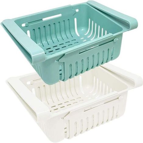 Lot de 2 Boite De Rangement et Organisation De Cuisine Frigo, Organisateur De Tiroir Rétractable Pour Réfrigérateur Frigo,Bleu Blanc (1/5)