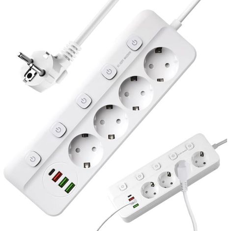 Multiprise avec Interrupteur Individuel, 4 Prises Multiprise USB C(3 USB A + 1 USB C), Prise Multiple Murale pour la Maison Le Bureau ou la Cuisine, 2M-Blanco
