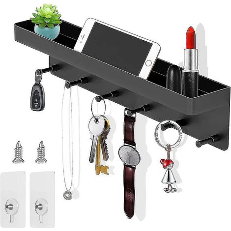 Porte-clavier avec étagère, barre à 6 crochets, modèle moderne noir (1/4)
