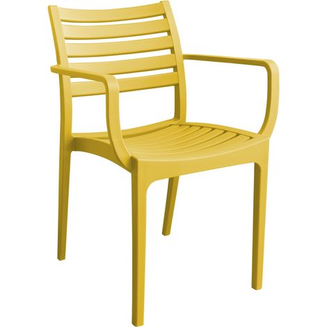 Sedia poltrona impilabile da esterno giardino in resina con seduta e schienale effetto doghe orizzontali Lyndo -  Yellow