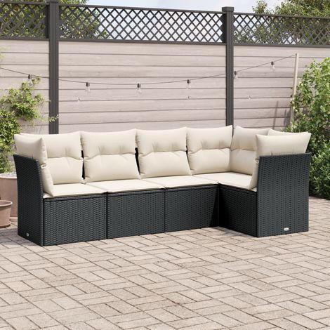 Ensemble Salon Jardin 5 Places Résine Tressée Noir avec Coussins Crème - Canapé d'Angle Modulable (1/3)