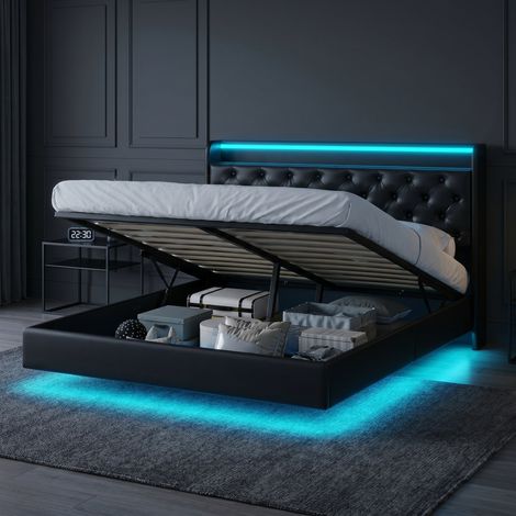 Letto matrimoniale 160x200 cm – Letto per adulti – Letto contenitore – Illuminazione a LED RGB – Interfacce USB e Type-C – Rivestimento in similpelle nera (1/5)
