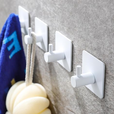 Ganchos adhesivos para toallas, ganchos de pared resistentes para colgar batas/abrigos en el baño y el dormitorio, acero inoxidable SUS-304 blanco, paquete de 4 (1/5)