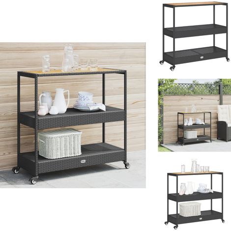 Chariot de bar 3 niveaux noir rotin et bois d'acacia massif - Chariot De Bar - Chariot De Cuisine - Chariot À Boissons - Meuble De Rangement - Mobilier Extérieur (1/5)