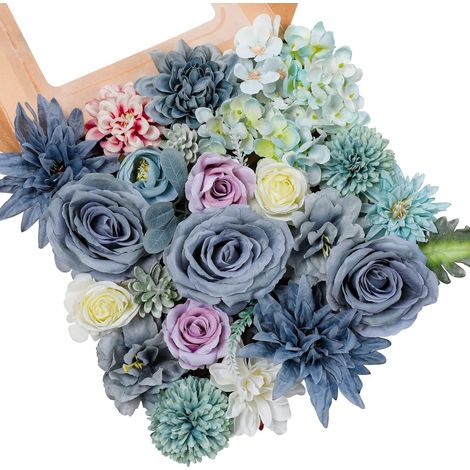 Assortiment de fleurs artificielles bleues en soie mélangée : pivoines, roses et hortensias, avec tiges, pour la création de bouquets de mariage, la décoration de table et les fêtes.-AquaForge (1/5)