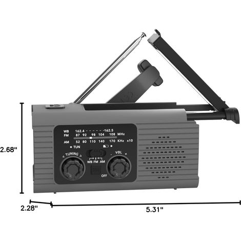 Rádio portátil movido a energia solar com gerador de manivela, carregador e lanterna, adequado para emergências em ambientes internos e externos. (1/4)
